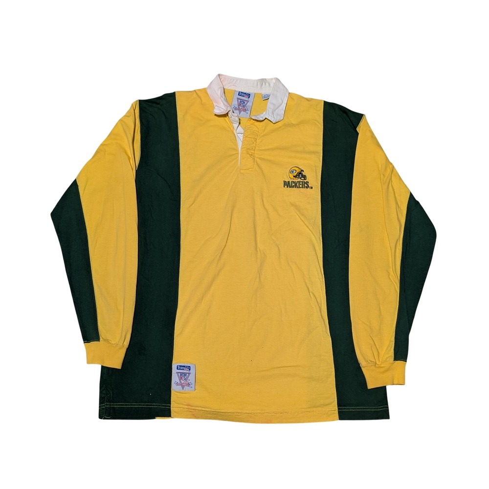 Team NFL Rugby Shirt Mens Large Yellow Green Bay Packers Vintage Colorblock Polo